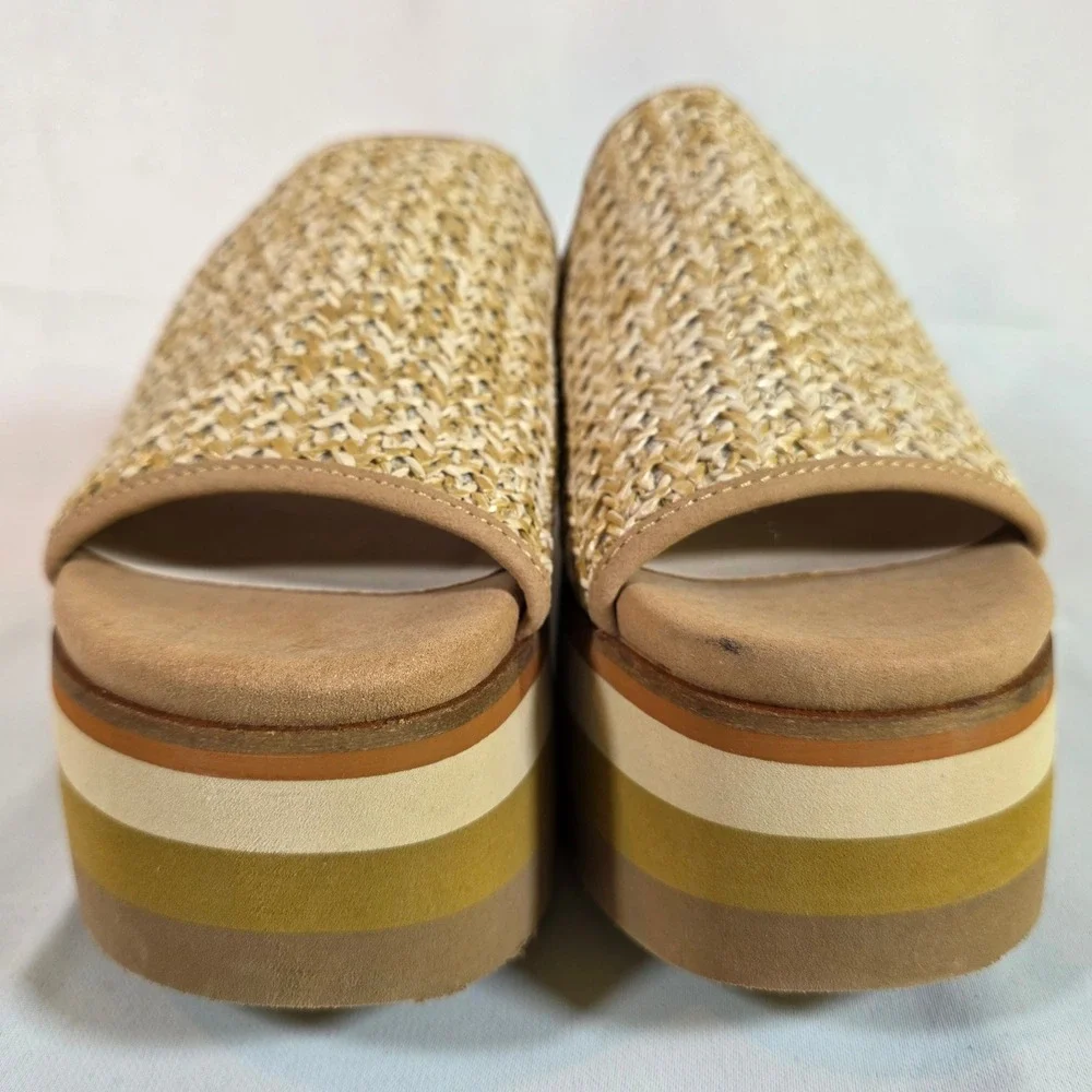 NWOT NakedFeet Flocci Woven Platform Slide Mules Beige Striped Wedge Sandals 9M